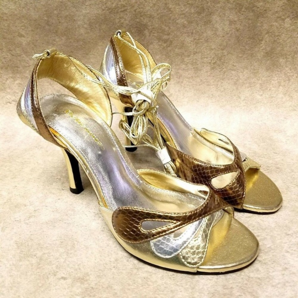 Delicious Cleopatra SnakeSkin GoldSilverBronze Strap Wrap Heels - Picture 1 of 9